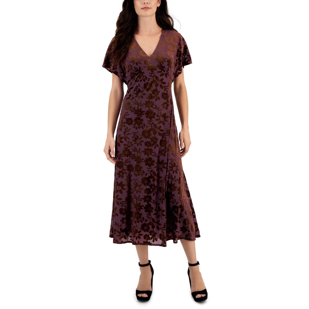 Taylor Plum Floral Burnout Velvet V-Neck Midi Dress Purple Brown Size 4